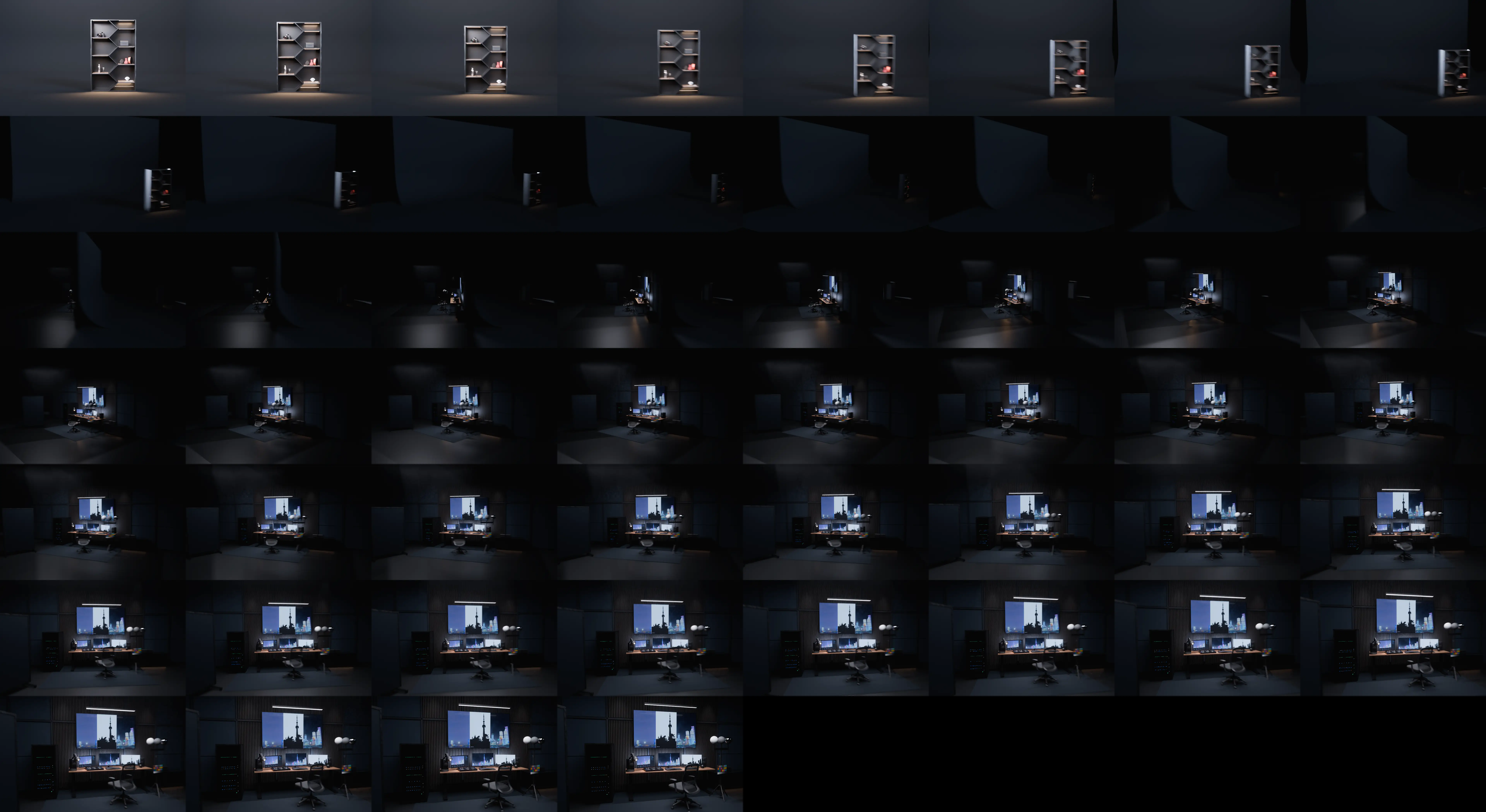 The stage revolves: the cabinet's set turns away and the compositing suite built on its back turns into view