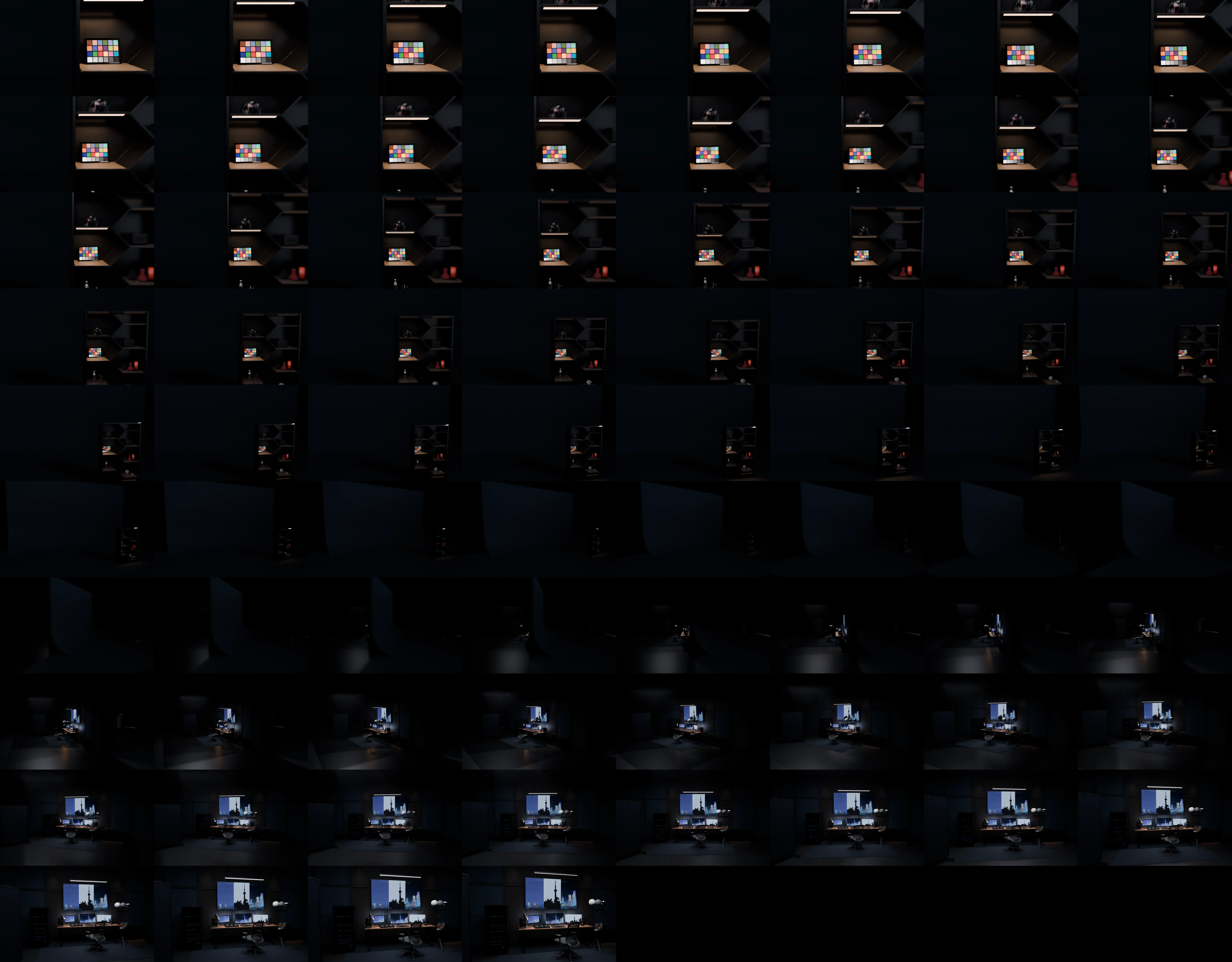 From the close-up the camera pulls away as the stage revolves, and the compositing suite built on its back turns into view
